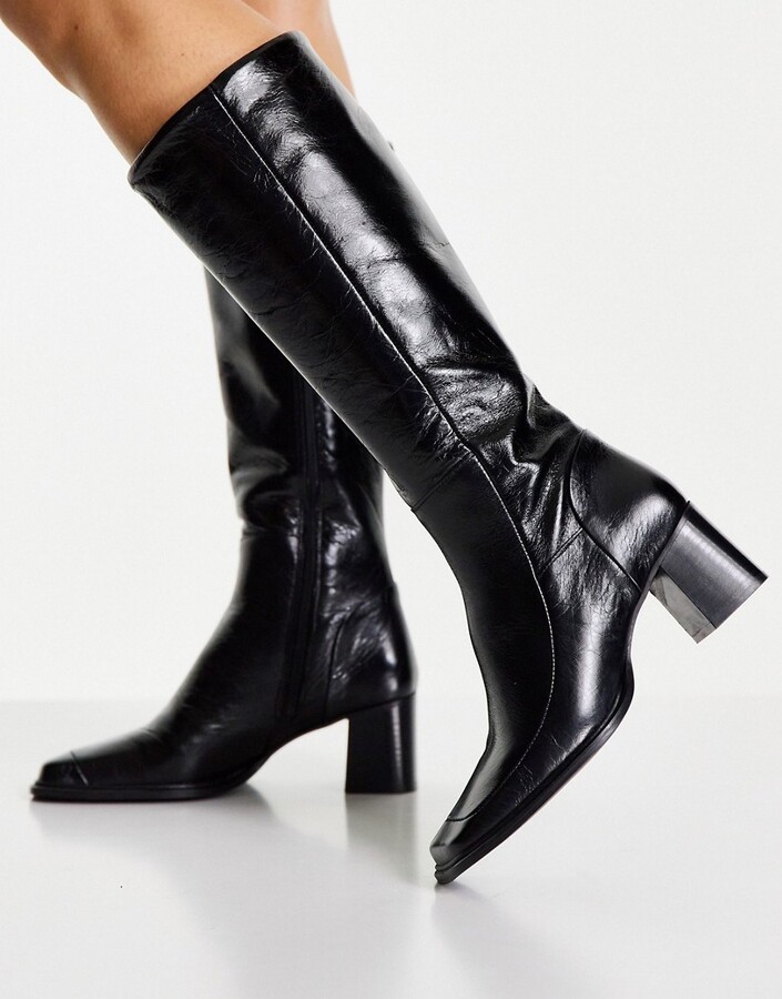 black leather square toe boots
