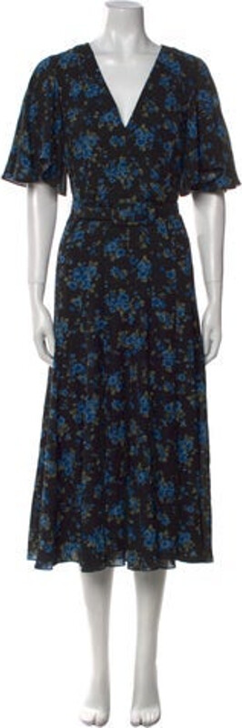 Michael Kors Collection Silk A-Line Dress Black Floral Print Pleated Accents Short Sleeve with V-Neck Concealed Zip Closure at Back