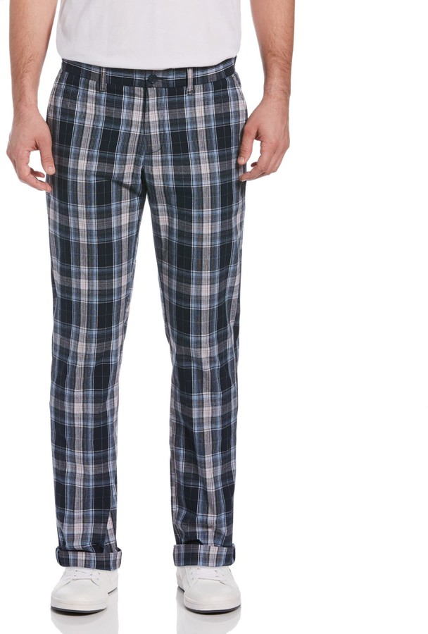 navy tartan plaid slim tapered pant