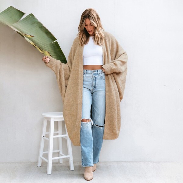 CUPSHE Women'sCozyLonglineOpenFrontCardiganwithDolmanSleeves L-Beige