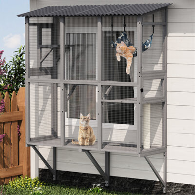All-weather Use Cat Perch With Spacious Multi-level Rest Area, Connectable Indoor-outdoor Tunnel, Gray Pet Pen For Large Indoor Cats, Outdoor Patio 3