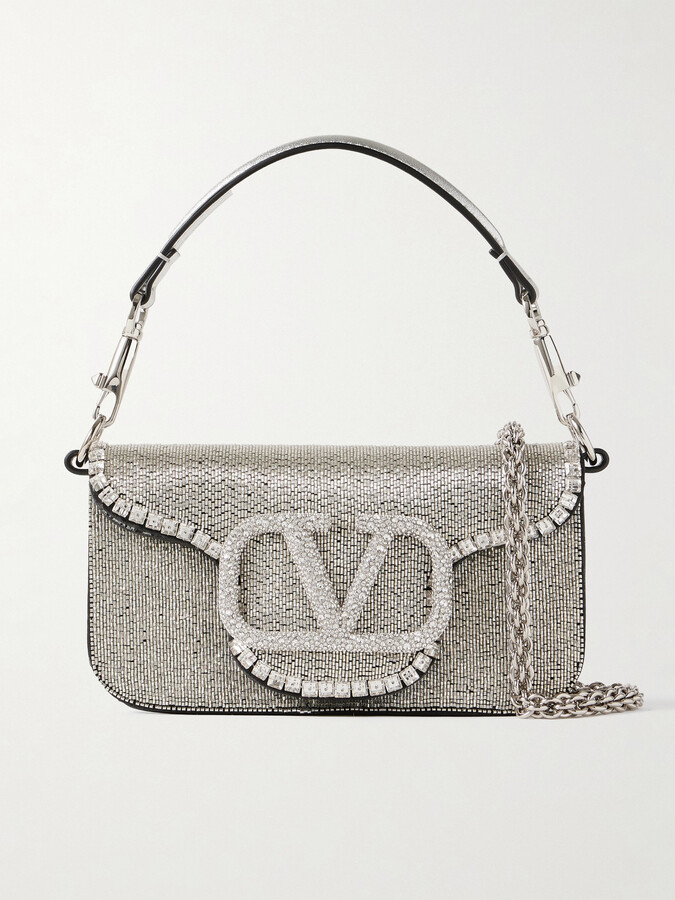 Valentino Garavani Locò Vlogo Small Embellished Leather Shoulder Bag - Silver
