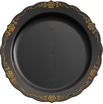 Smarty Had a Party Black with Gold Vintage Rim Round Disposable Plastic Appetizer/Salad Plates (7.5\