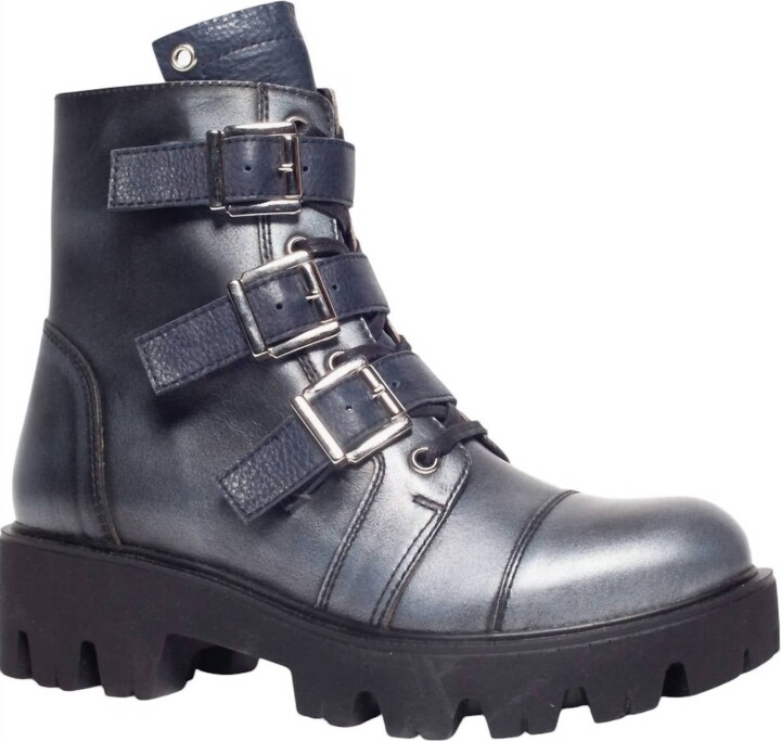 Unity in Diversity Women's Paris Combat Boots In Silver/dark Blue Black Leather