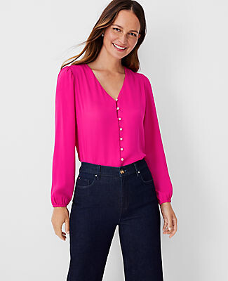 Ann Taylor Pearlized Mixed Media V-Neck Button Top - ShopStyle