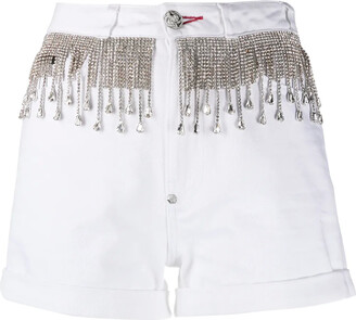 white denim fringe shorts
