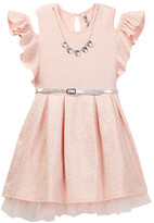 Thumbnail for your product : Beautees Belted Cold Shoulder Sparkle Dress & Necklace (Big Girls)