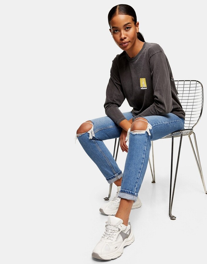 Topshop double knee rip mom jeans in mid blue - ShopStyle