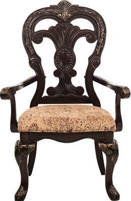 2 Traditional Armchairs, Cherry Finish & Gold Tipping, Fabric Covered, 26" Width, Dining Furniture Room Armchair Of 2, Design, Wood With Gold, Fabric,
