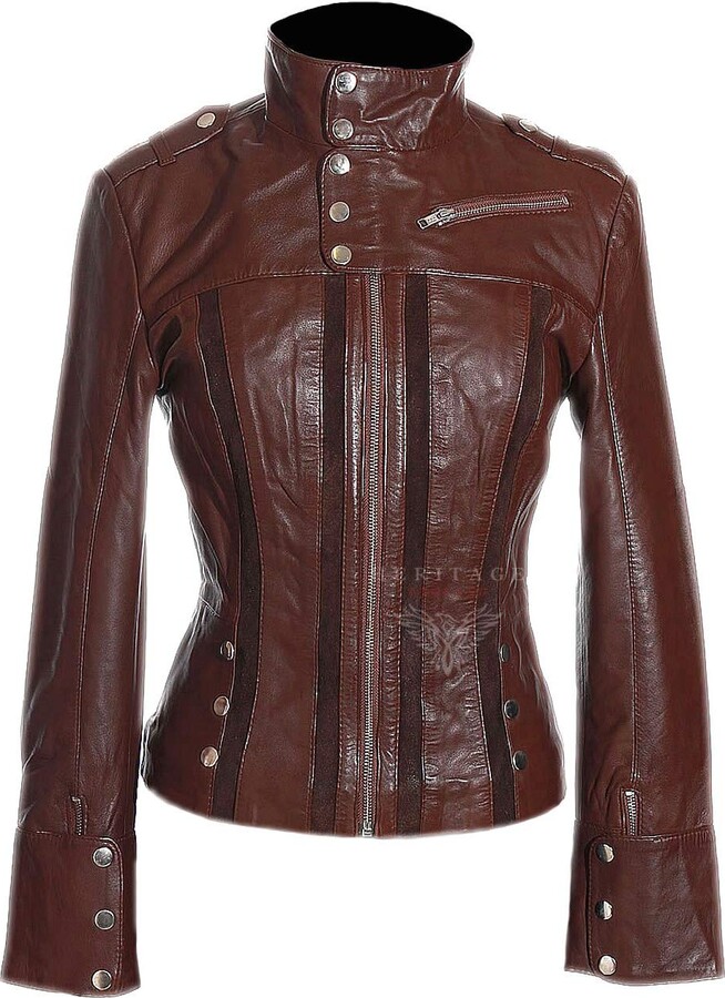 Ladies MADISON Brown Short Designer Military Real Soft Lambskin Leather Jacket 