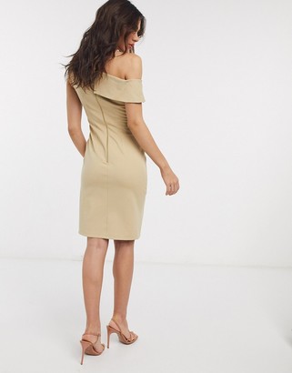 Closet London off shoulder pencil dress with split in taupe