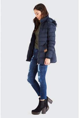 Select Fashion Fashion Navy Belted Fur Lined Padded Jacket - size 10