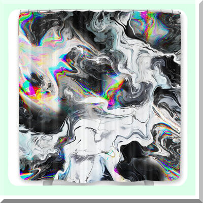 Everly Quinn Trippy Marble Rainbow Shower Curtain Set - Abstract Black & White Waterproof Hooks Included