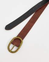 Thumbnail for your product : ASOS Design DESIGN faux leather slim belt in vintage tan and burnished gold oval buckle