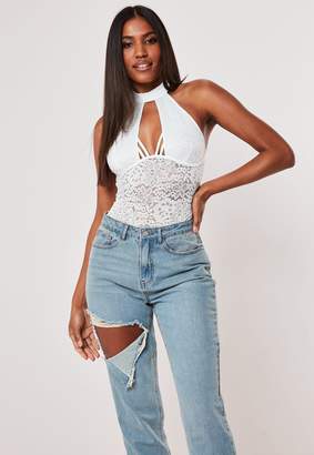 Missguided White Lace High Neck Plunge Bodysuit