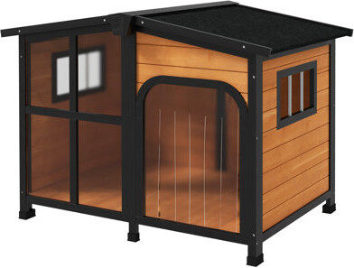 Cabin-Style Wooden Dog House For Dogs With Openable Roof And Giant Window/ Yellow | Gift Idea