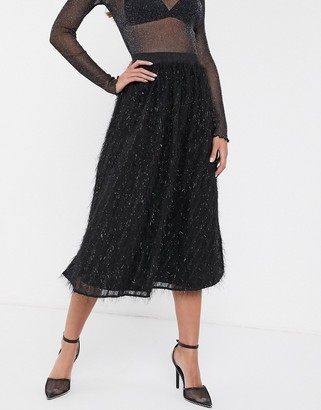 Vila midi skirt with fringe detail in black