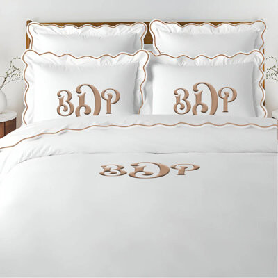 PushpLinen Monogram 400TC Cotton Scallop Embroidery Sateen Solid Duvet Cover Set