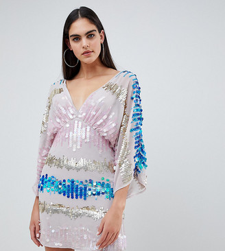 Asos Tall ASOS DESIGN Tall kimono mini dress in the scattered coloured sequins
