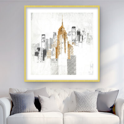 Lark Manor Blurry Sketch Style Cityscape - Gold Building Matted Print