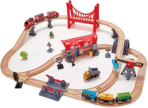 Hape Busy City Train Rail Set | Complete City Themed Wooden Rail Toy Set for Toddlers with Passenger Train, Freight Train, Station, Play Figurines, and More, Multicolor, Model:E3730