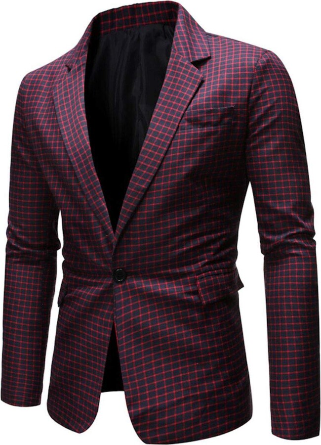 Botong Men's Slim Fit Plaid Blazer Peak Lapel One Button Tuxedos Jacket Prom Party Coat Casual