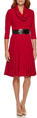 Robbie Bee 3/4-Sleeve Belted Fit-and-Flare Dress with Infinity Scarf - Petite