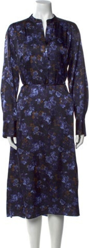 Vince A-Line Dress Blue Floral Print Pleated Accents Long Sleeve with V-Neck Button Closure at Front
