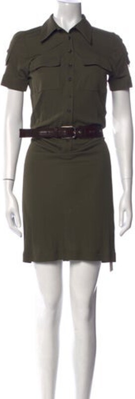 Gucci Shirtdress Green Horsebit Accent Short Sleeve with Collar Button Closure at Front Designer