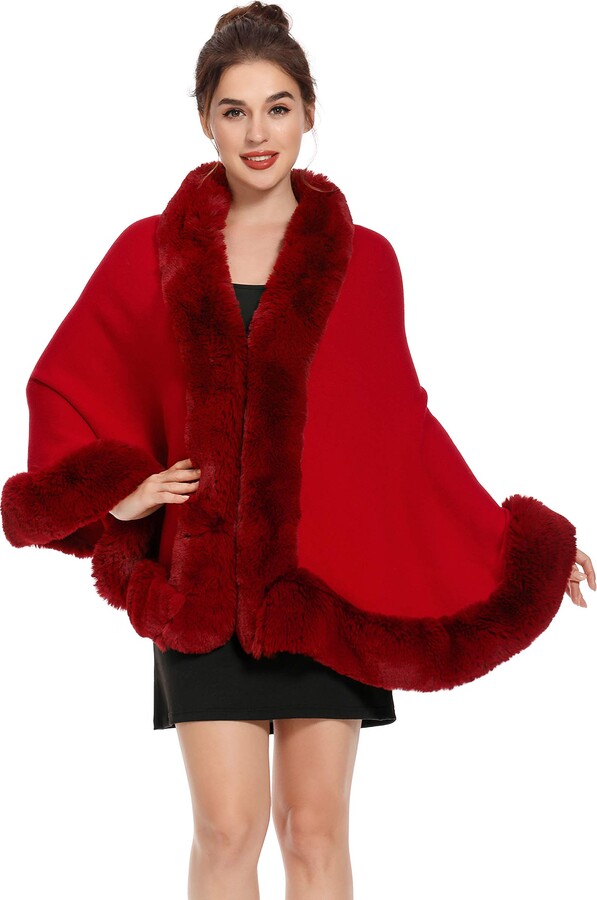 ZLYC Women Winter Faux Fur Shawl Stole Warm Wrap Cape (Red) ShopStyle