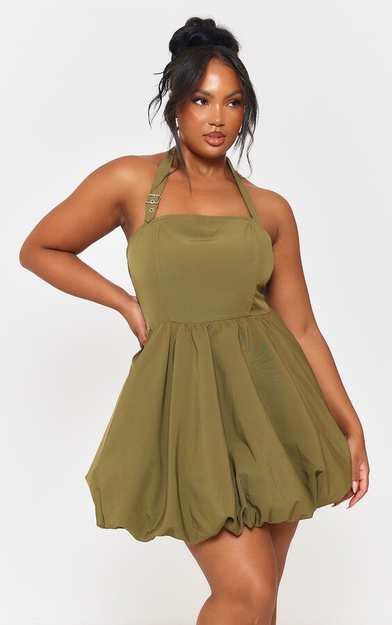 Plus Khaki Buckle Detail Halterneck Puffball Mini Dress