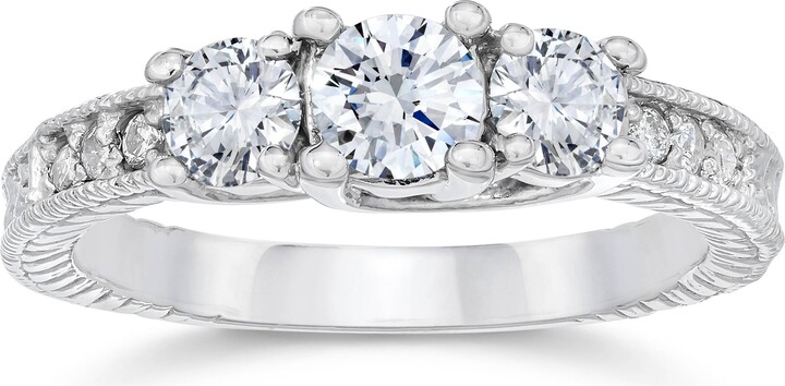 Pompeii3 1 Carat Vintage 3-Stone Diamond Engagement Anniversary Ring 10k White Gold