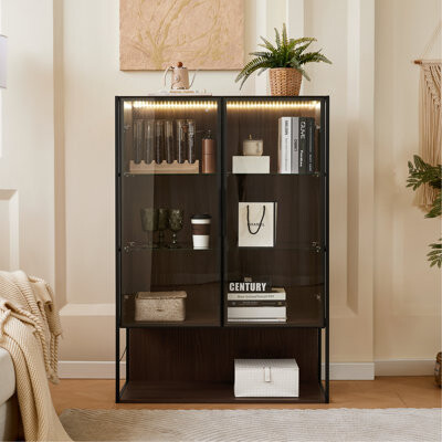 Mercer41 51.2'' Freestanding Lighted Display Cabinet With Glass Door Pantry Cabinet With Metal Frame & Storage Curio Cabinet With 4-Tier Adjustable Glass She