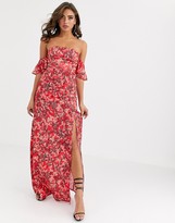 Thumbnail for your product : Koco & K off shoulder maxi dress with thigh split in red leaf print
