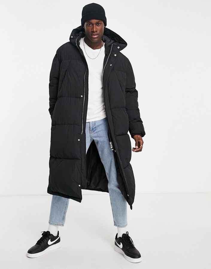 Topman extra longline puffer jacket with hood in black - BLACK - ShopStyle