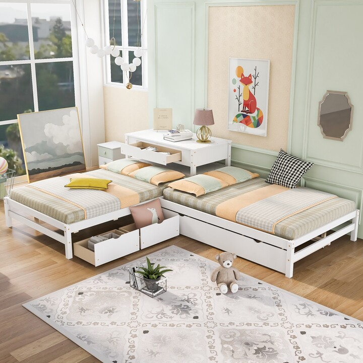 Tiramisubest Full Size Lshaped Platform Beds with Trundle, Drawers