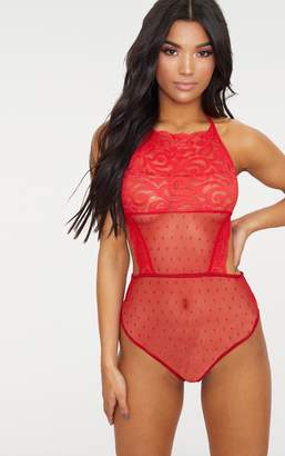 PrettyLittleThing Red Lace Halterneck Backless Thong Bodysuit