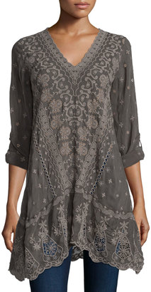 Johnny Was Yen Long-Sleeve Embroidered Tunic, Iron Steel