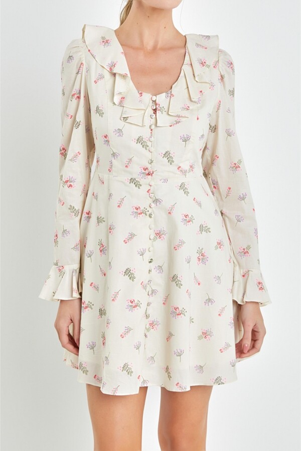 ENGLISH FACTORY Women's Floral Ruffled Neck Mini Dress