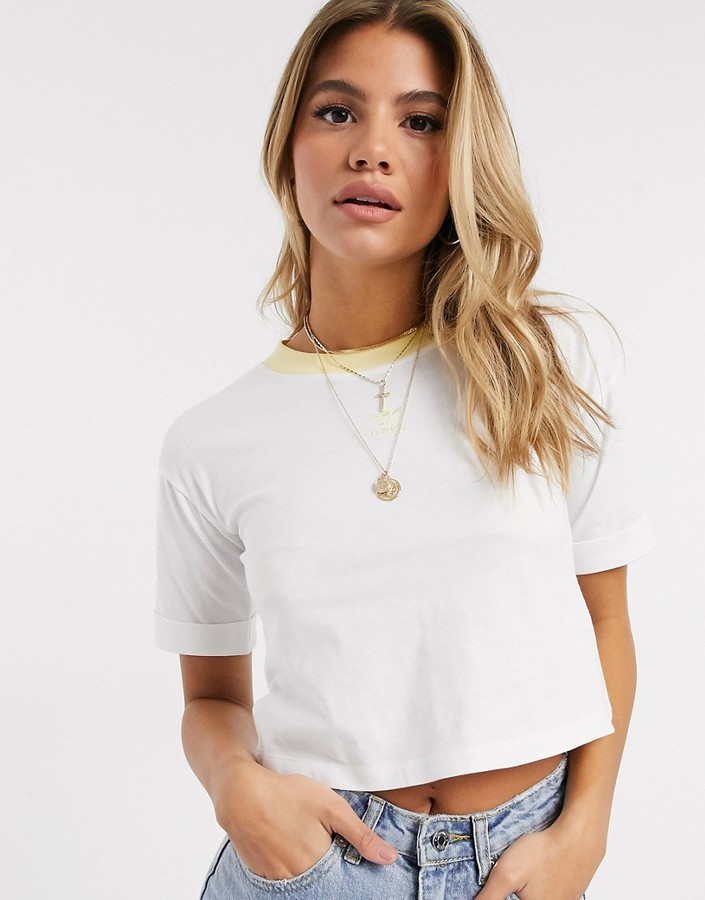 adidas cropped trefoil t-shirt in white and yellow - ShopStyle