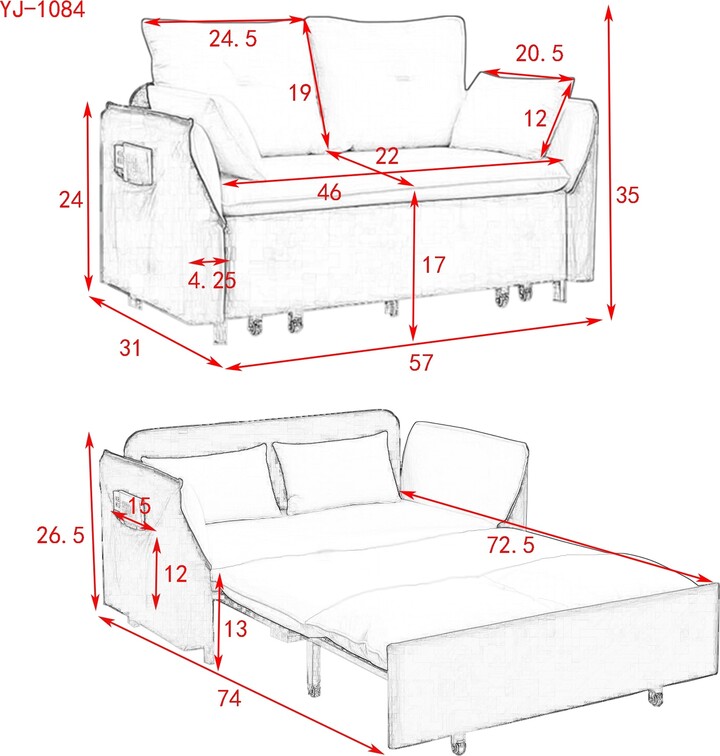 NINEDIN Velvet Upholstered Futon Loveseat Sofa Convertible Sofa Bed ...