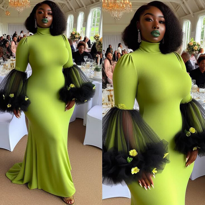 HZWL Green High Neck Mermaid Evening Gowns Long Sleeves Tulle Trumpet Aso Ebi Prom Dresses Plus Size Women Formal Party Dress Robe