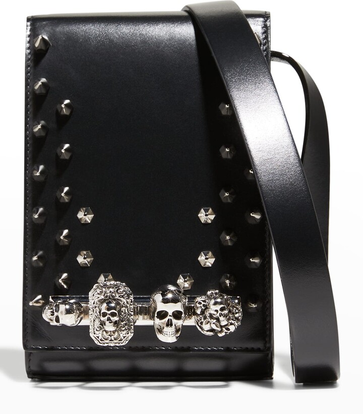 Alexander McQueen Men's Skull Four-Ring Leather Crossbody Bag