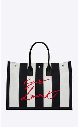 Saint Laurent Noe Tote In Striped Canvas And Leather