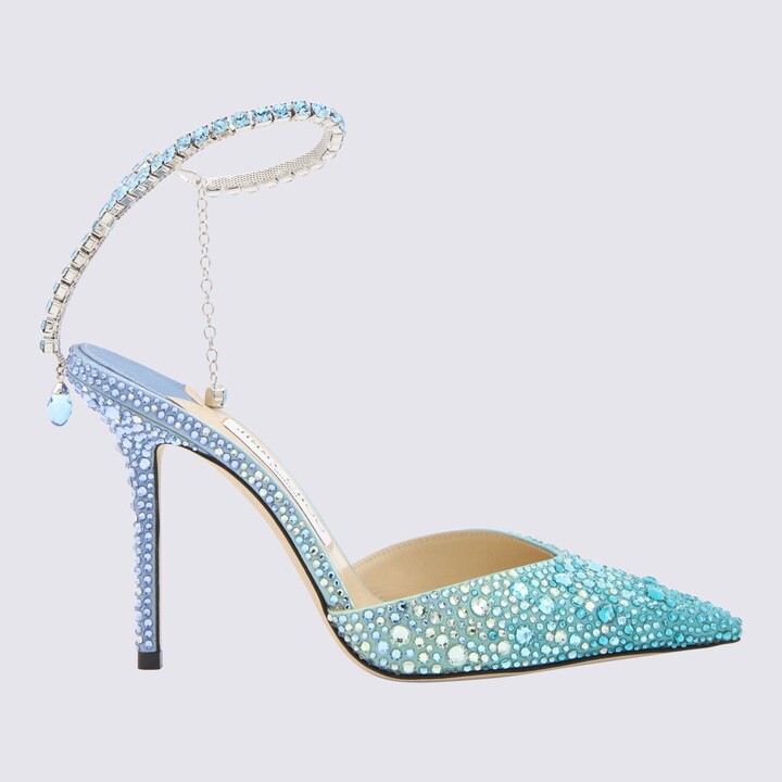 Light Blue Pointy Toe Glitter Shoes Spool Heels Slingback Pumps
