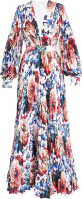 Andrew Gn Floral-Print Plisse Belted Gown