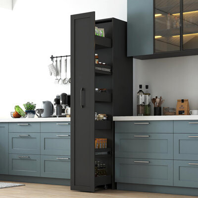 Wrought Studio BLACK Large Slim Storage Cart Kitchen Rolling Cart Narrow Storage Cabinet With Handle & Wheels Wood Spice Rack Next To Fridge Pantry Shelf For K