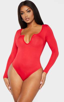 PrettyLittleThing Shape Red Jersey V Neck Long Sleeve Bodysuit