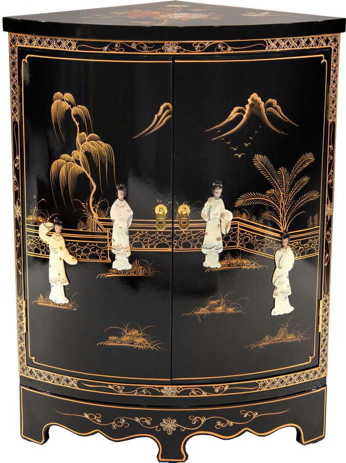 Red Lantern Oriental Furniture Black Lacquer Round Corner Cabinet - Royal Ladies