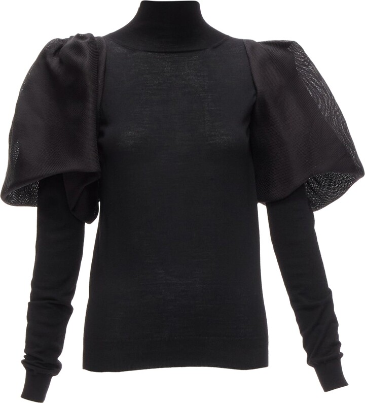 Merino Wool Silk Balloon Puff Sleeve Turtleneck Sweater